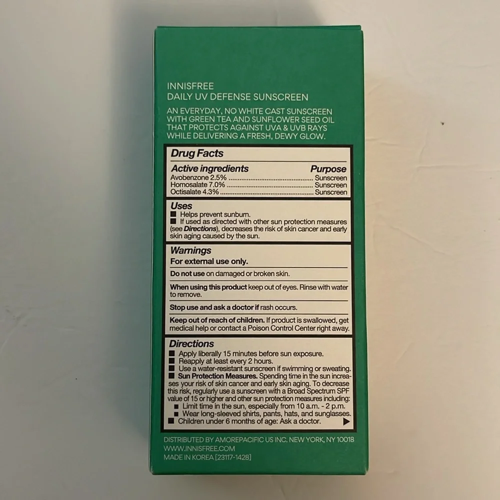 Innisfree Daily UV Defense Sunscreen SPF 36 1.69oz/50m Glowy Finish NEW with Box